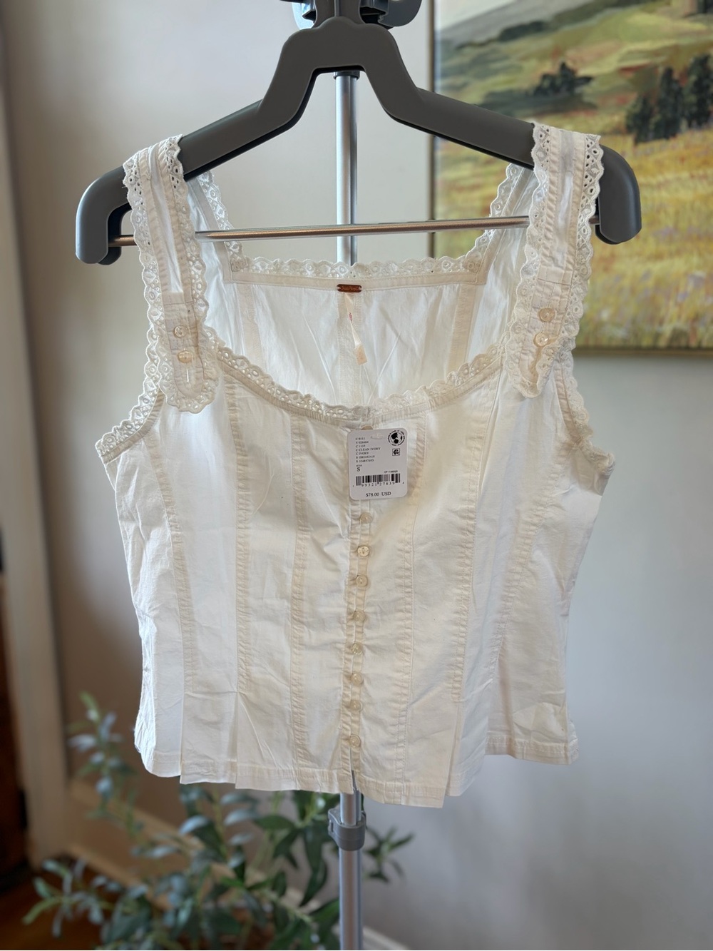 Free people White Lace-Trim Button Front Tank Top NWT